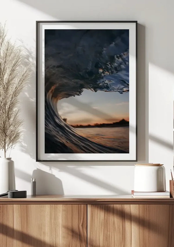 Binnenkant Van Een Golf Bij Zonsondergang Barrel Perspectief Schilderij