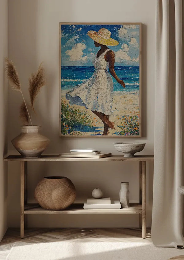 Woman White Dress Straw Hat Beach Blue Sea Abstract Painting