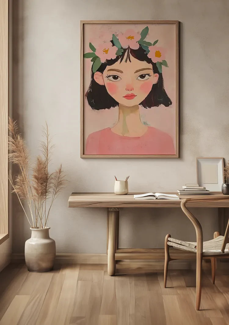 Mädchen mit Blumen in den Haaren Rosafarbener Hintergrund Porträt Leinwandbild