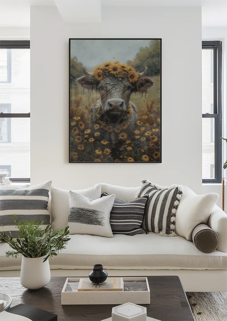 Koe Met Zonnebloemen Krans Gouden Veld Dromerig Schilderij