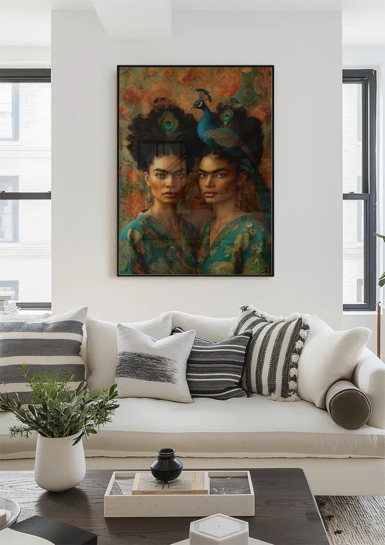Two Elegant Women with Peacock Exotic Portrait Painting