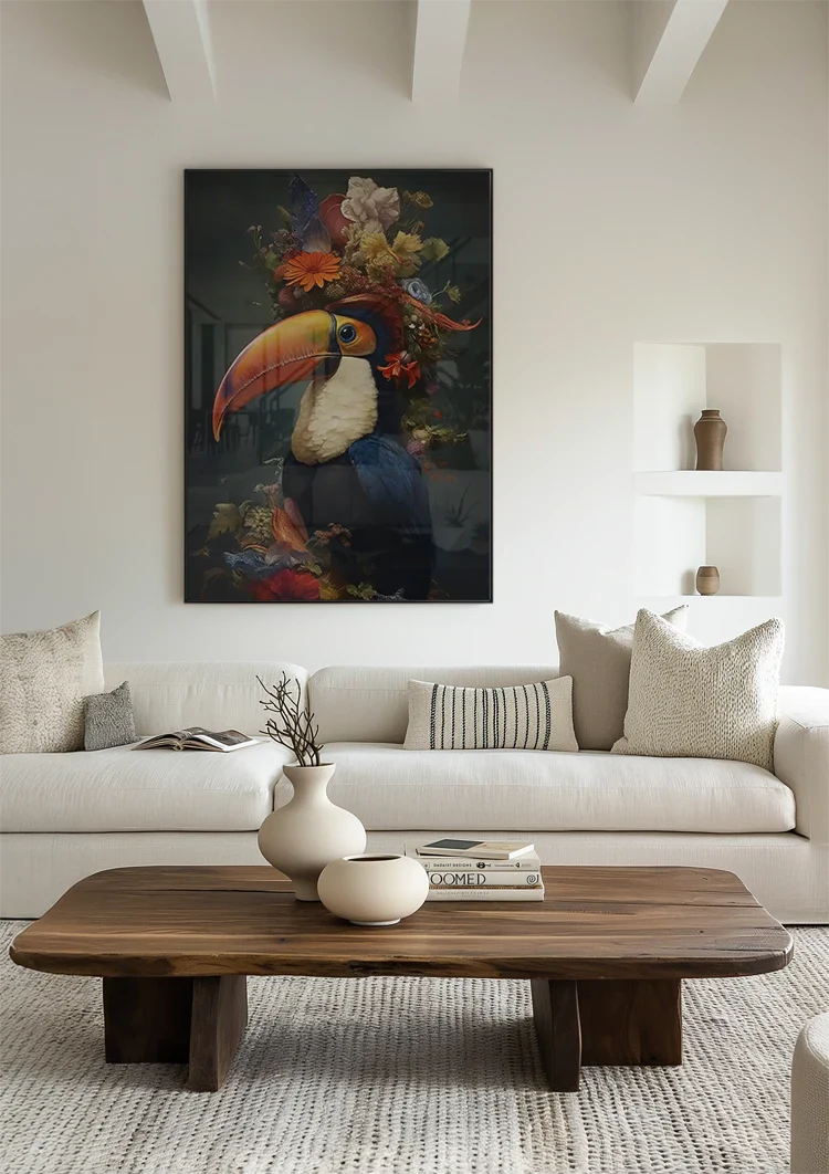 Toekan Tropische Bloemen Hoofdtooi Donker Schilderij