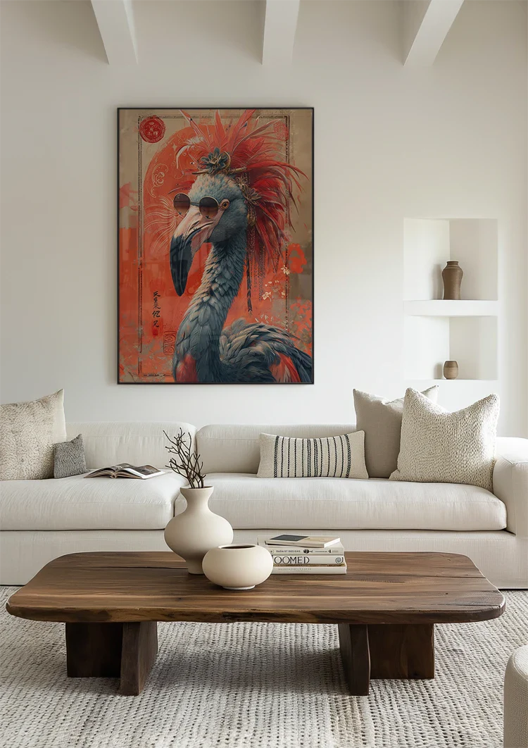 Flamboyante Flamingo Zonnebril Rode Veren Aziatische Achtergrond Pop Art Schilderij