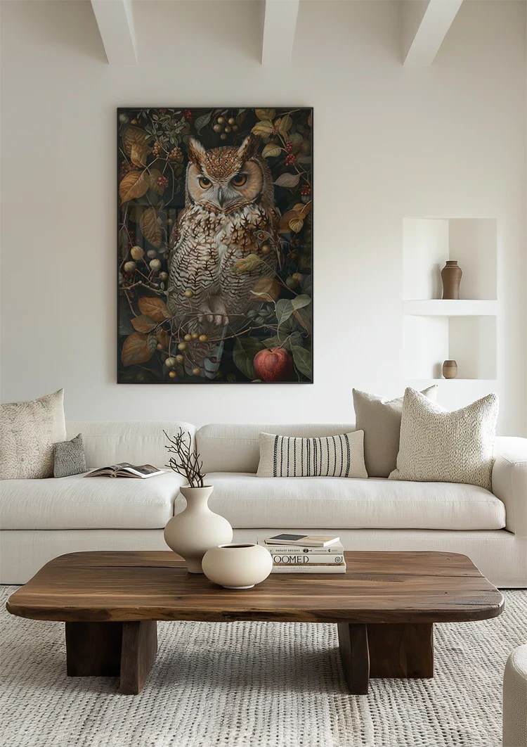 Owl With Orange Eyes Autumn Leaves Berries Natural Atmosphere Painting
