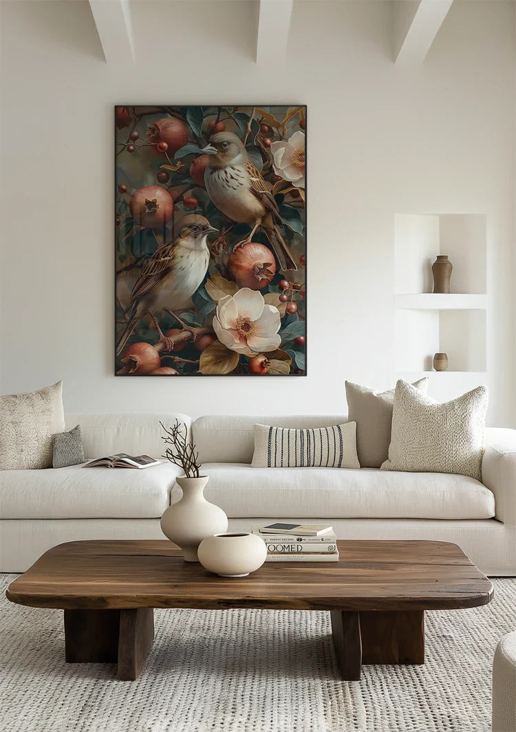 Twee Vogels Met Granaatappels Bloemen Botanisch Schilderij