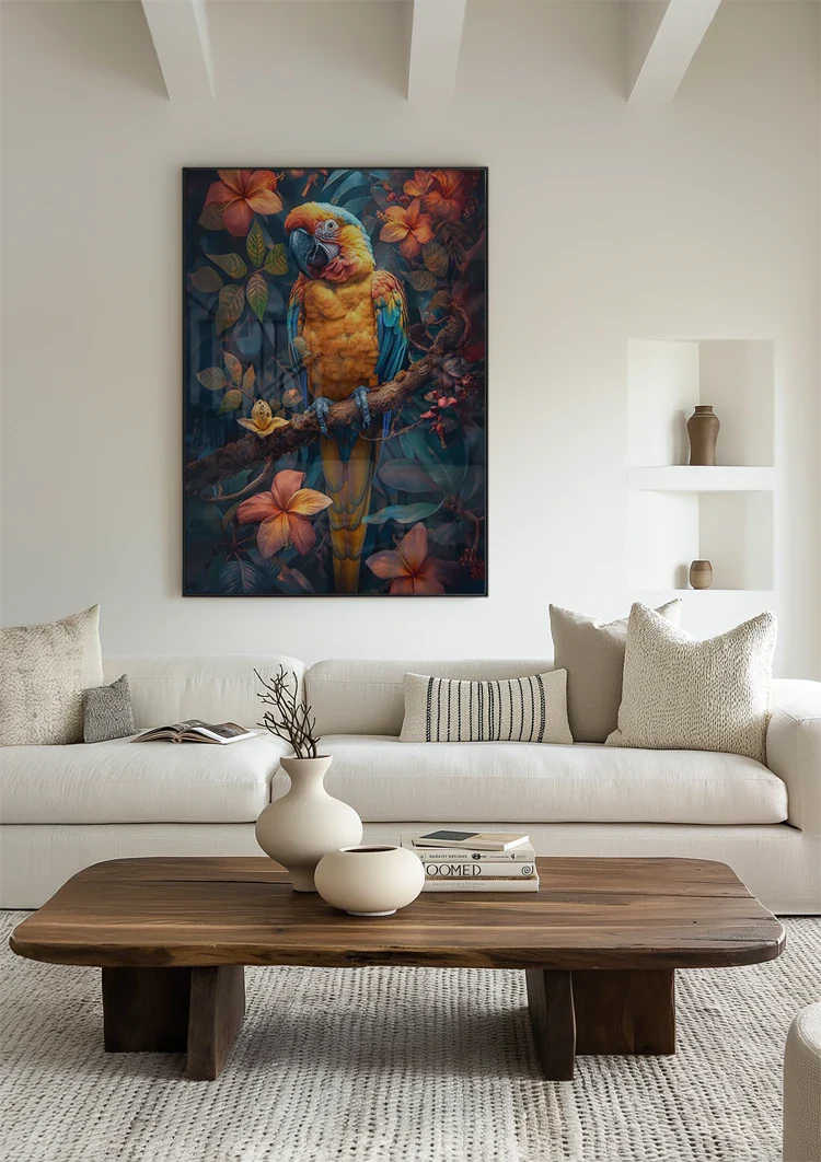 Kleurrijke Papegaai Tussen Tropische Bloemen Exotisch Schilderij