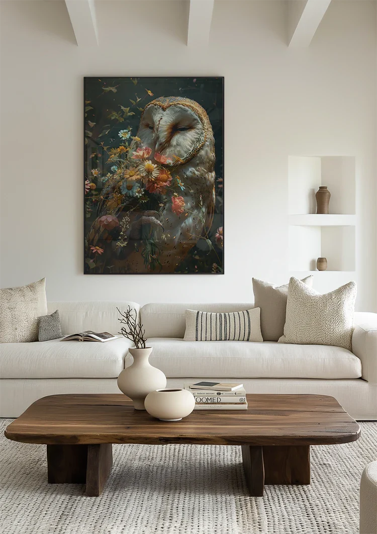 Kerkuil Met Kleurrijke Bloemen Boeket Botanische Sfeer Schilderij