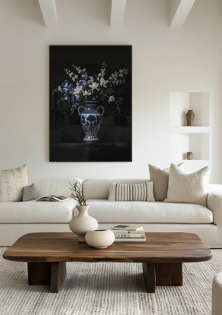 Delfts Blauwe Vaas Met Witte Bloemen Donker Stilleven Schilderij