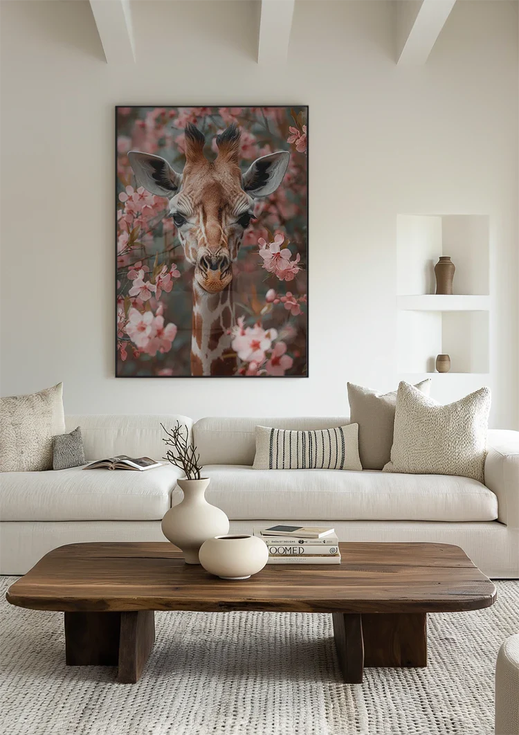Giraffe Between Pink Cherry Blossoms Portrait Painting