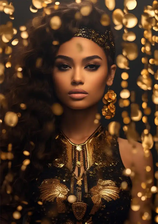 Goldene Glamour Frau Leinwandbild mit Schmuck und leuchtendem Bokeh-Hintergrund