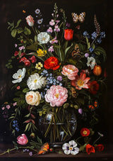Üppiges Blumenstillleben Glasvase Dunkler Hintergrund Leinwandbild