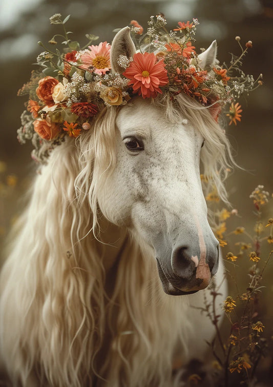 Wit paard met een romantische bloemenkroon canvas schilderij