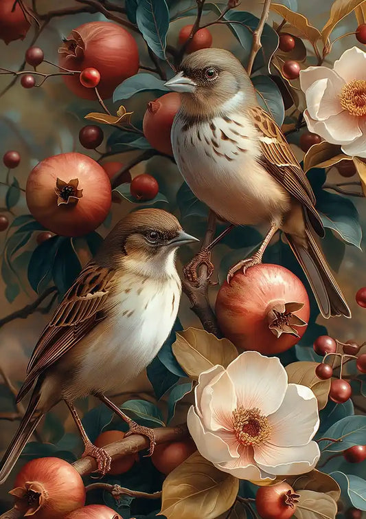 Twee vogels met granaatappels canvas schilderij in warme rode en bruine tinten