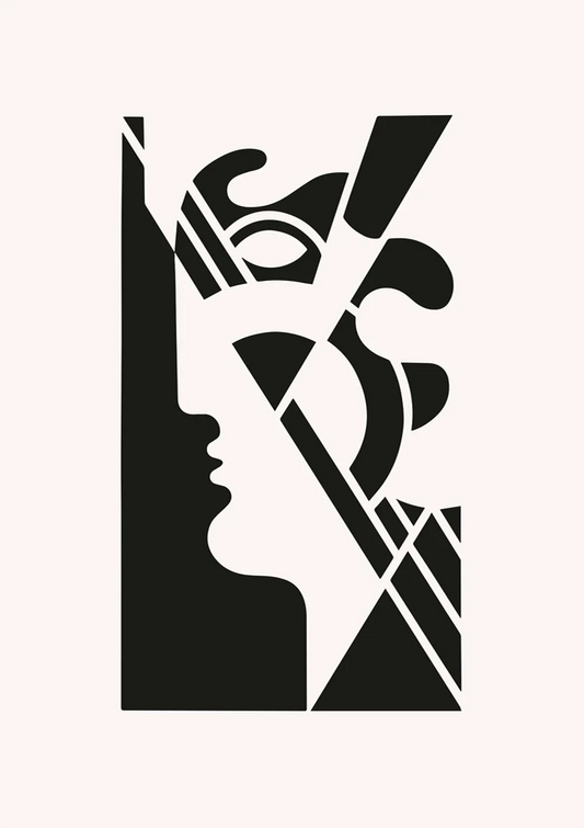 Abstract portret canvas schilderij met geometrische vormen in zwart en wit
