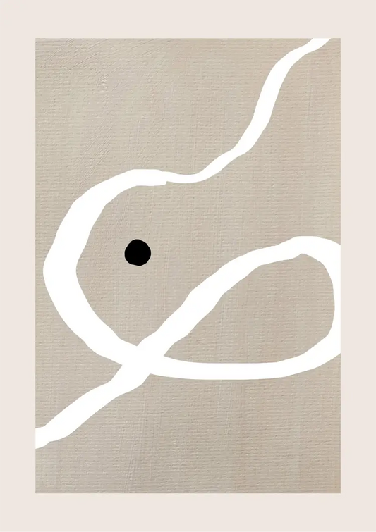 Witte lijn met een zwarte stip canvas schilderij in beige, wit en zwart, een minimalistische stijl