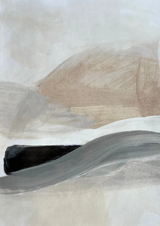Abstracte Golvende Penseelstreken Beige Grijs Minimalistisch Canvas Schilderij
