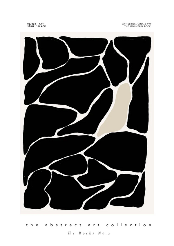 Abstrakte schwarze Felsen, weiße Linien, organisches modernes Gemälde