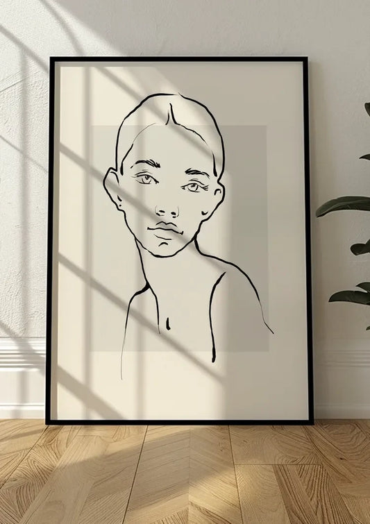 Elegante Vrouw Zwarte Lijnkunst Beige Achtergrond Minimalistisch Portret Canvas Schilderij