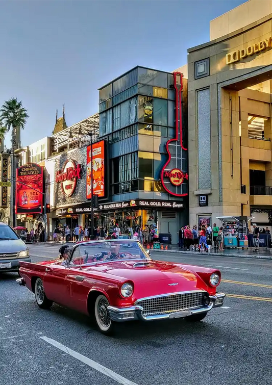 Red car in Las Vegas canvas painting in red, yellow and blue in retro-Americana style
