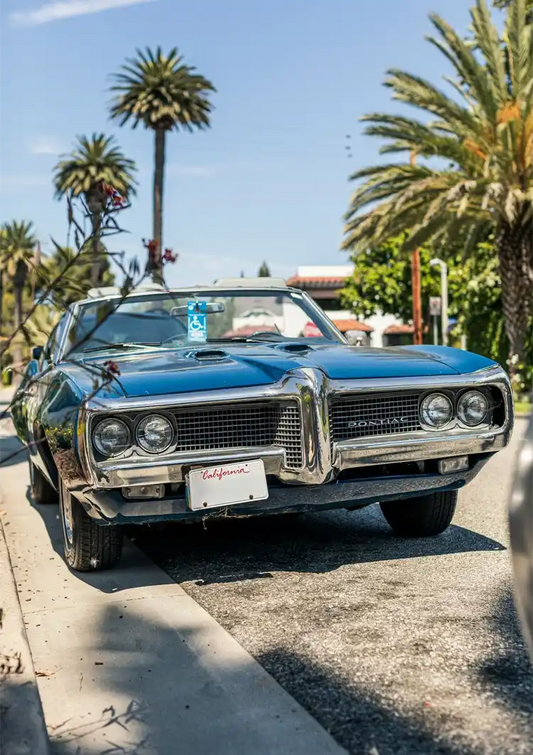 Vintage Auto zwischen den Palmen Leinwandbild in Gelb, Blau und Grün