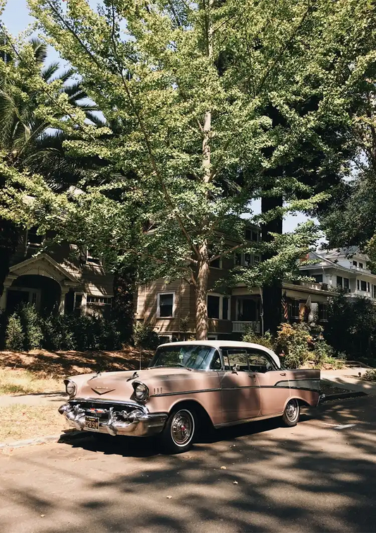 Pink classic car canvas painting under green trees on a sunny residential street