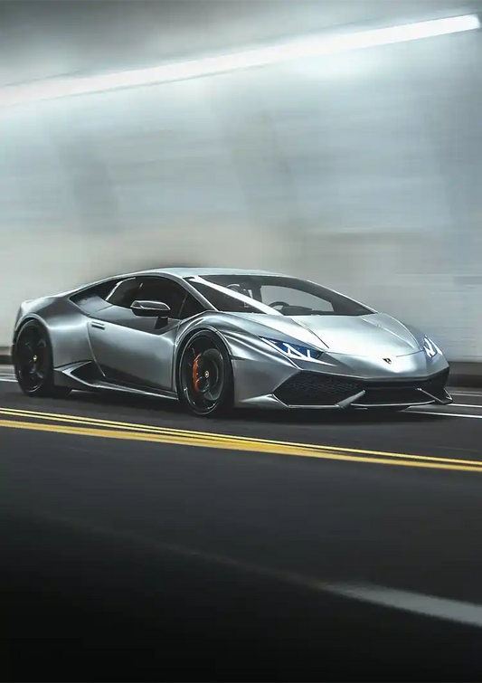 Silver sports car canvas painting in a tunnel, dynamic and fast