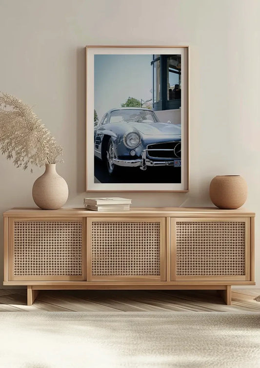 Classic silver vintage car canvas painting on the wall above the bed in the bedroom