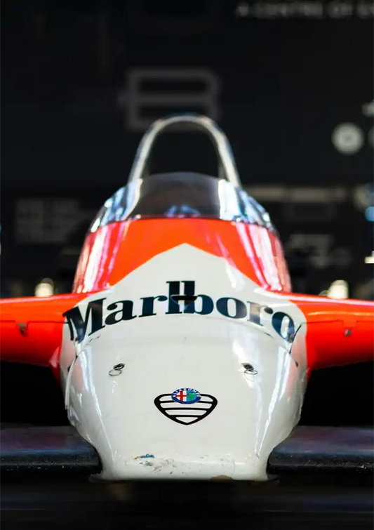 Classic racing car canvas painting in white, red and orange, vintage racing style