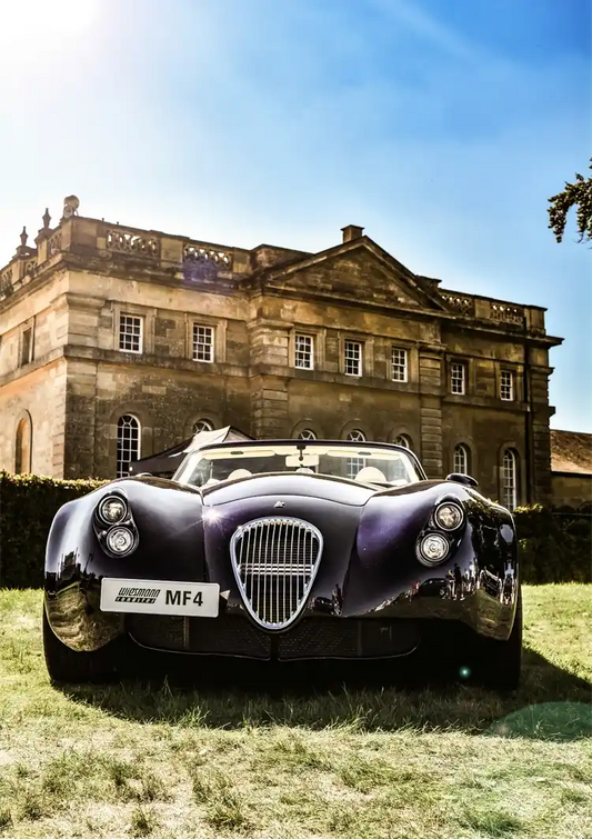 Purple sports car canvas painting on the lawn by a manor house