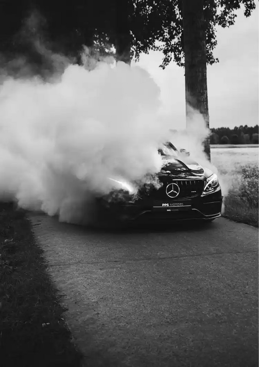 Sports car burnout with smoke canvas painting in black, white and grey.