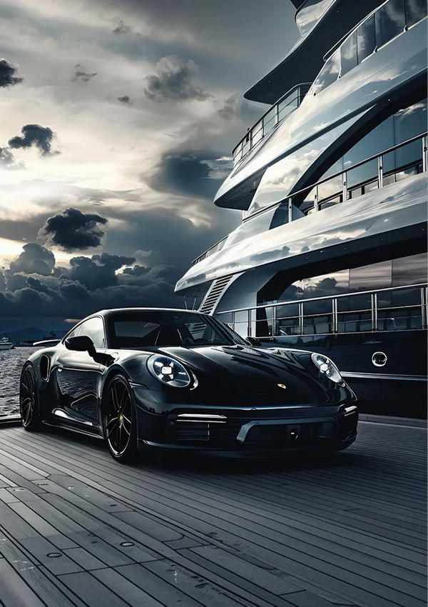Black Porsche 911 at Yacht Luxury Harbor Dramatic Sky Painting