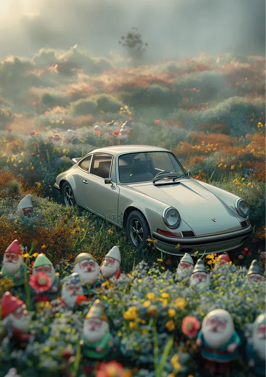 Vintage Sportwagen Leinwandbild in einem Blumenfeld, farbenfroh und verträumt