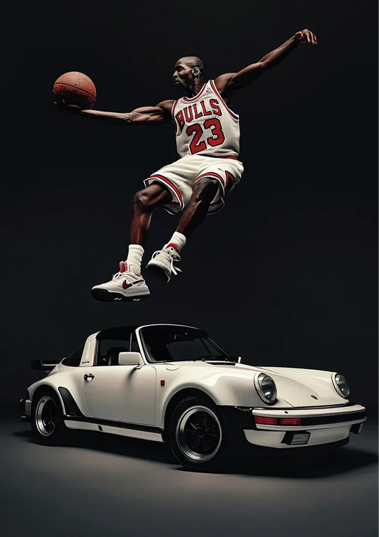 Basketballer canvas schilderij die een dunk maakt boven een witte sportwagen in zwart-wit
