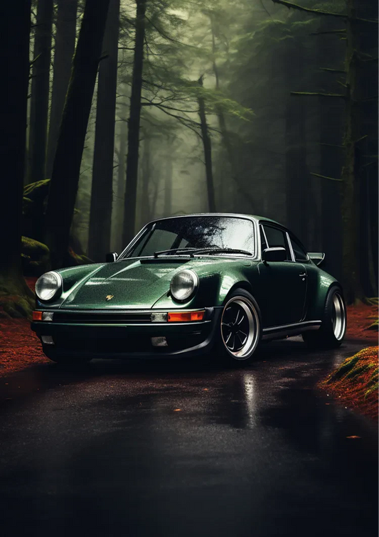 Dark green sports car canvas painting on a wet forest road in a misty woodland
