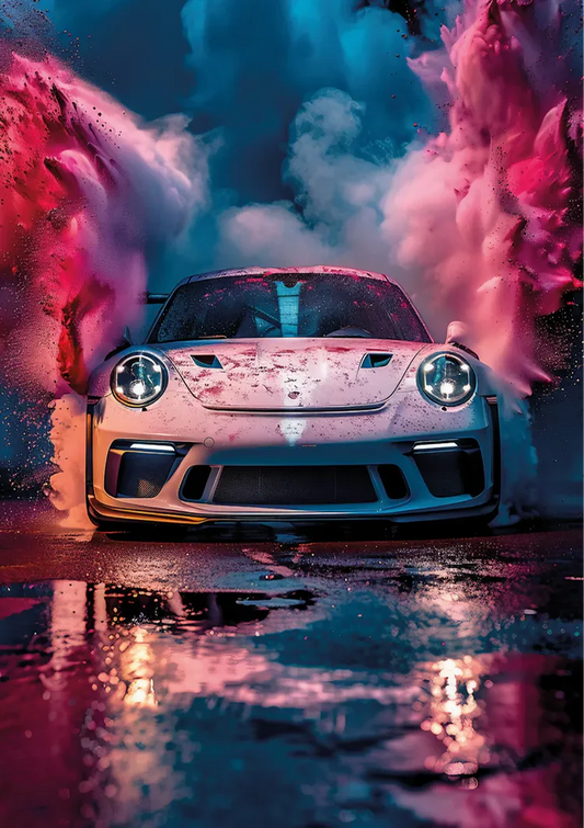 White sports car canvas painting amid colourful pink and blue smoke clouds