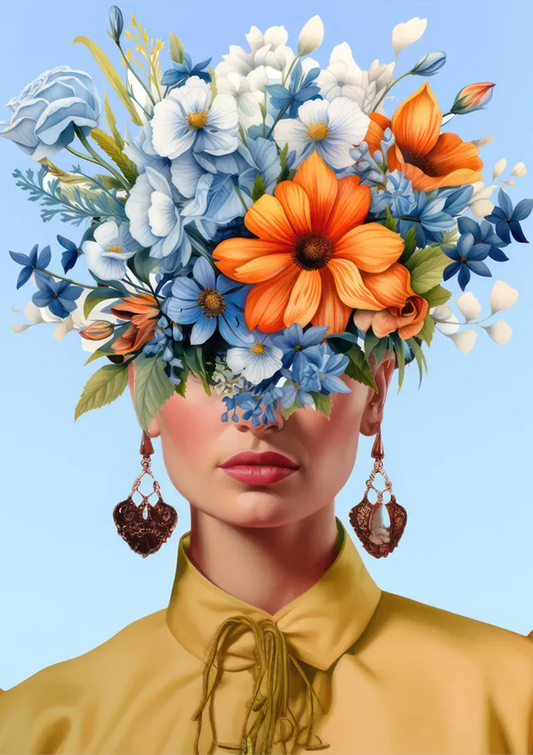 Vrouw met blauwe en oranje bloemenkroon canvas schilderij op een lichtblauwe achtergrond