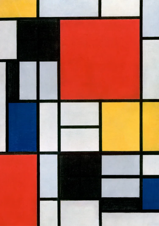 Leinwandbild im Mondrian Stil mit Rechtecken in Rot, Gelb und Blau