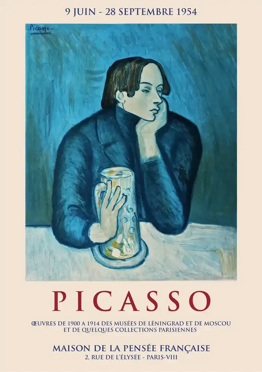 Picasso tentoonstellingskunst canvas schilderij in blauwtinten met gele en rode accenten