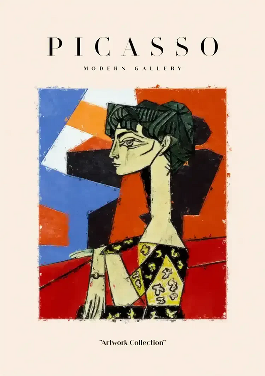 Picasso canvas schilderij met een kubistisch vrouwportret in rood, blauw en oranje