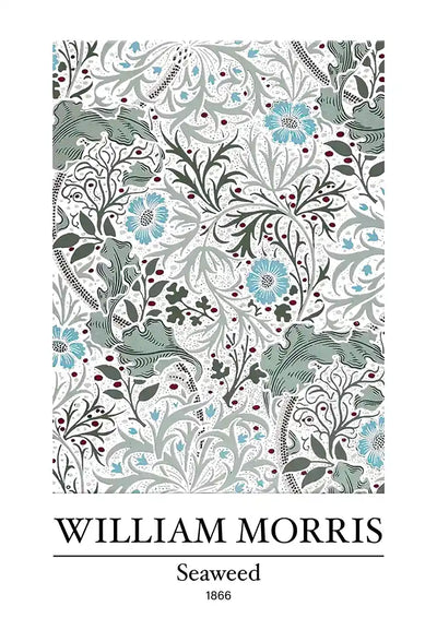 William Morris Seaweed Blue Flowers Red Berries White Canvas Painting