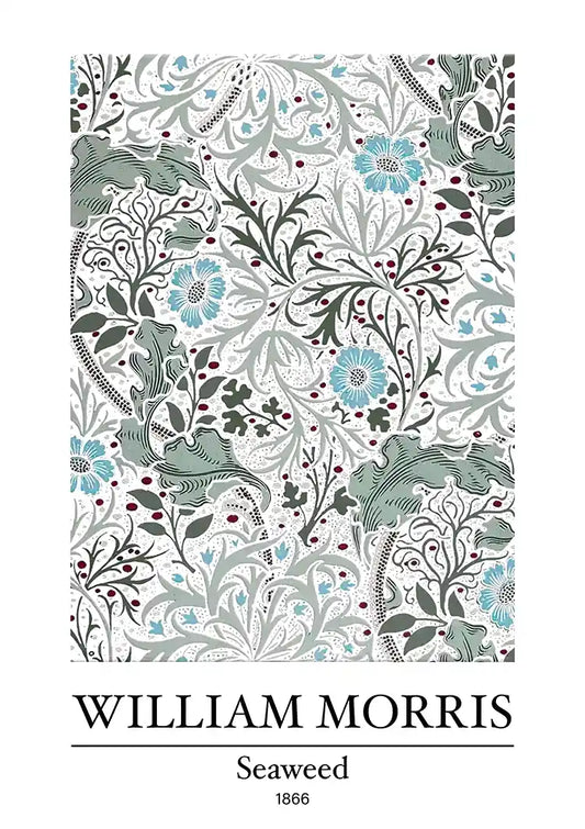 William Morris Zeewier Blauw Bloemen Rode Bessen Wit Canvas Schilderij