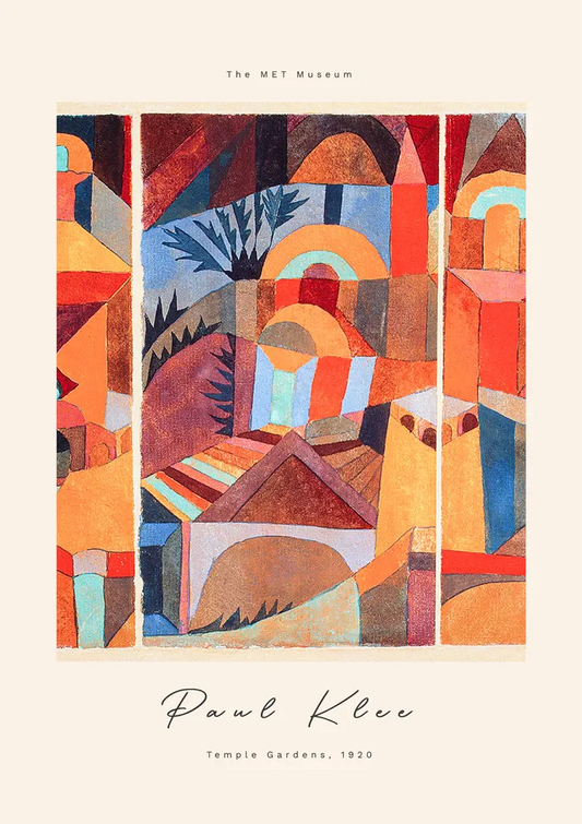 Tempeltuinen van Klee canvas schilderij in oranje, blauw en terracotta