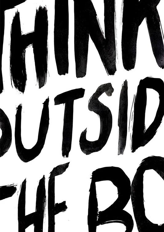 Think outside the box text canvas painting in black and white