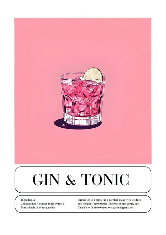 Ilustracja koktajlu gin tonic obraz na płótnie w kolorach różowym, żółtym i białym.