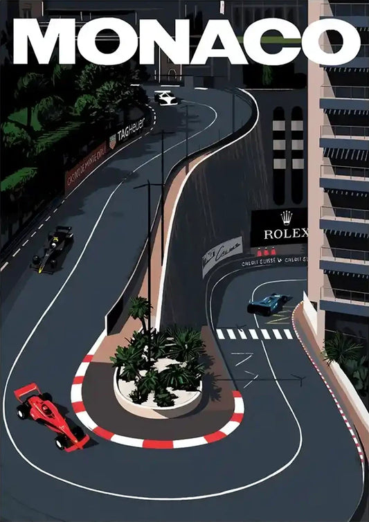 Monaco Circuit Leinwandbild mit einem Rennwagen im Vintage-Stil