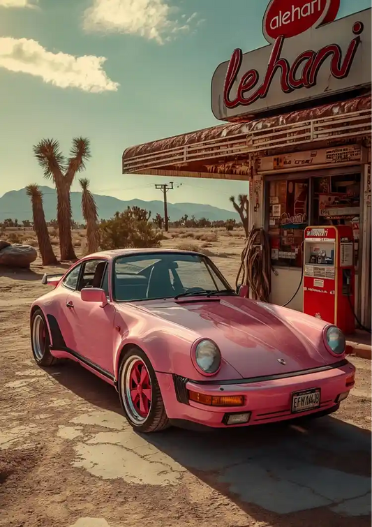 Vintage rosa Sportwagen Leinwandbild in Rosa und Sandtönen, an einer Retro-Tankstelle