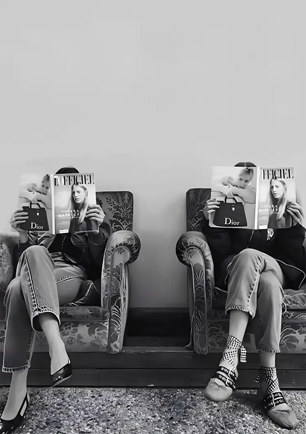 Two Women Armchairs Fashion Magazines Black White Waiting Room Painting