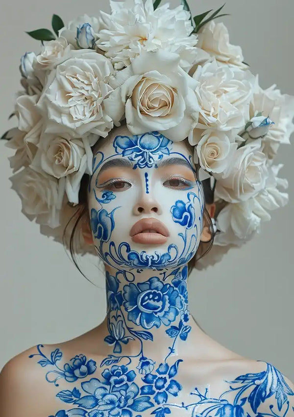 Vrouw Delfts Blauw Gezichtsschildering Witte Rozen Hoofdtooi Schilderij