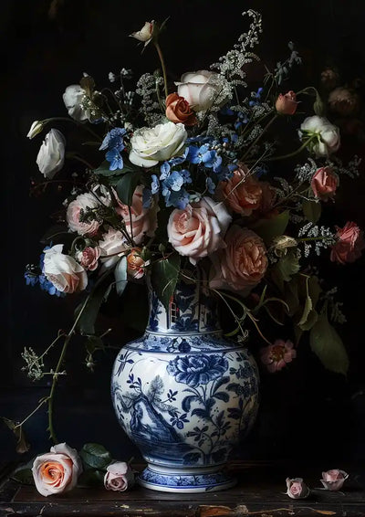 Delft Blue Vase Pink White Roses Flower Bouquet Still Life Canvas Painting