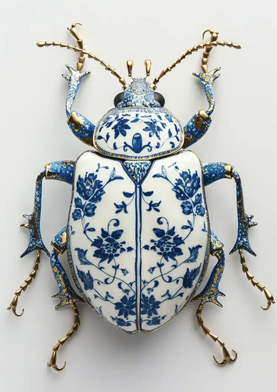 Delft Blue Beetle Flower Pattern Gold Legs White Porcelain Classic Canvas Painting